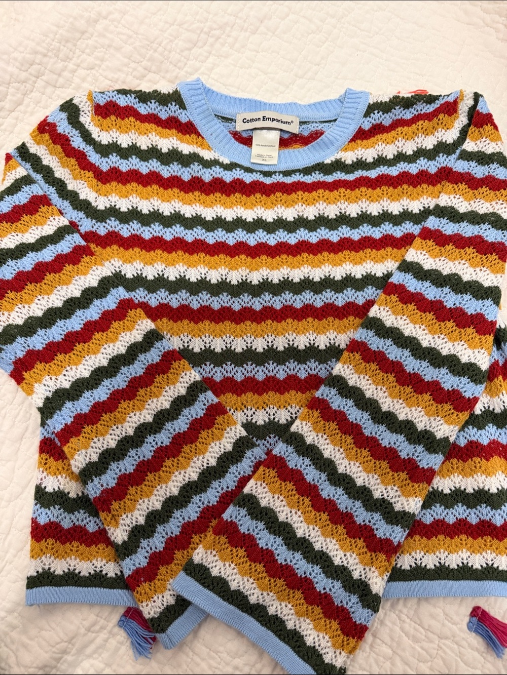 Cotton Emporium Light Blue Trim Multicolor Striped Open-Knit Sweater